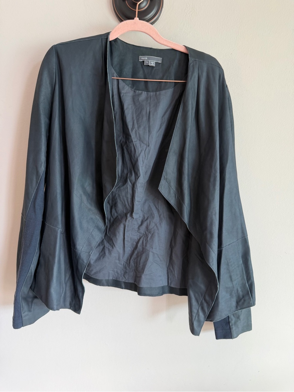 Vince Leather Drape Front Jacket Charcoal Grey Large Ribbed Knit Sleeve Cardigan